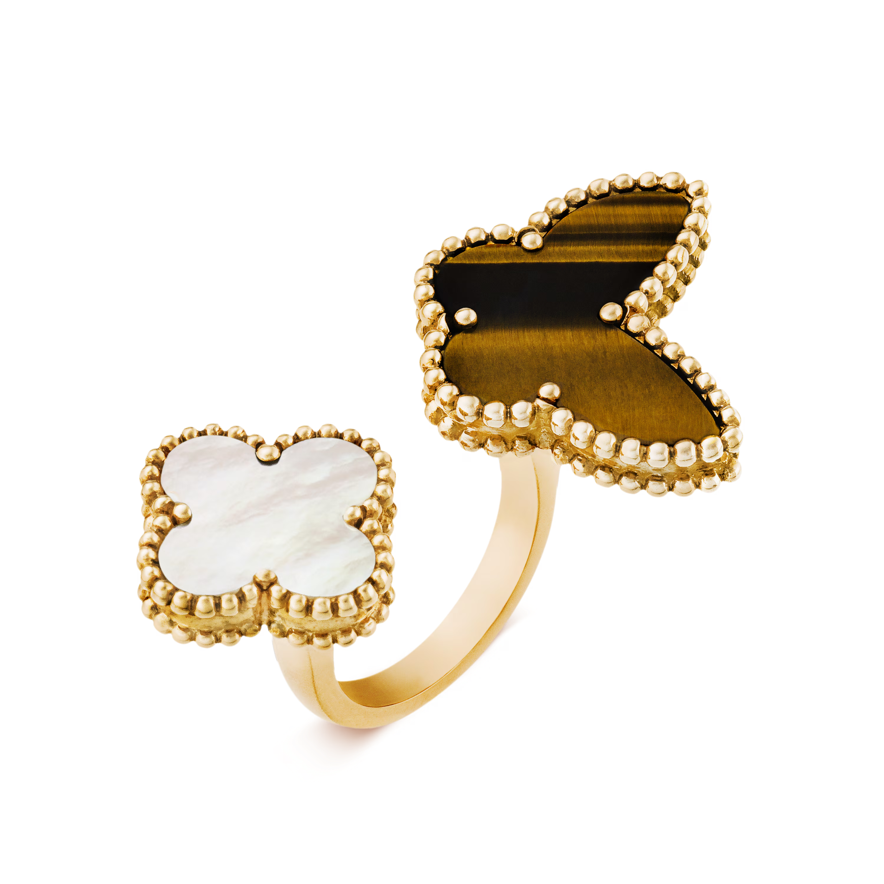 Van Cleef & Arpels. Каблучка на два пальця Lucky Alhambra із жовтого золота з білим перламутром та тигровом оком
