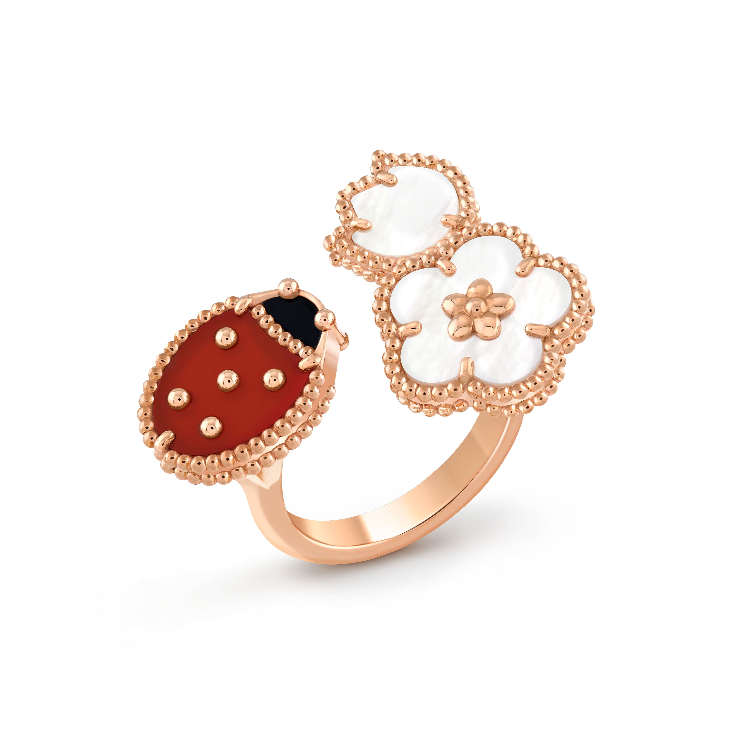 Van Cleef & Arpels. Каблучка на два пальці Lucky Spring із рожевого золота з білим перламутром, серделіком та оніксом