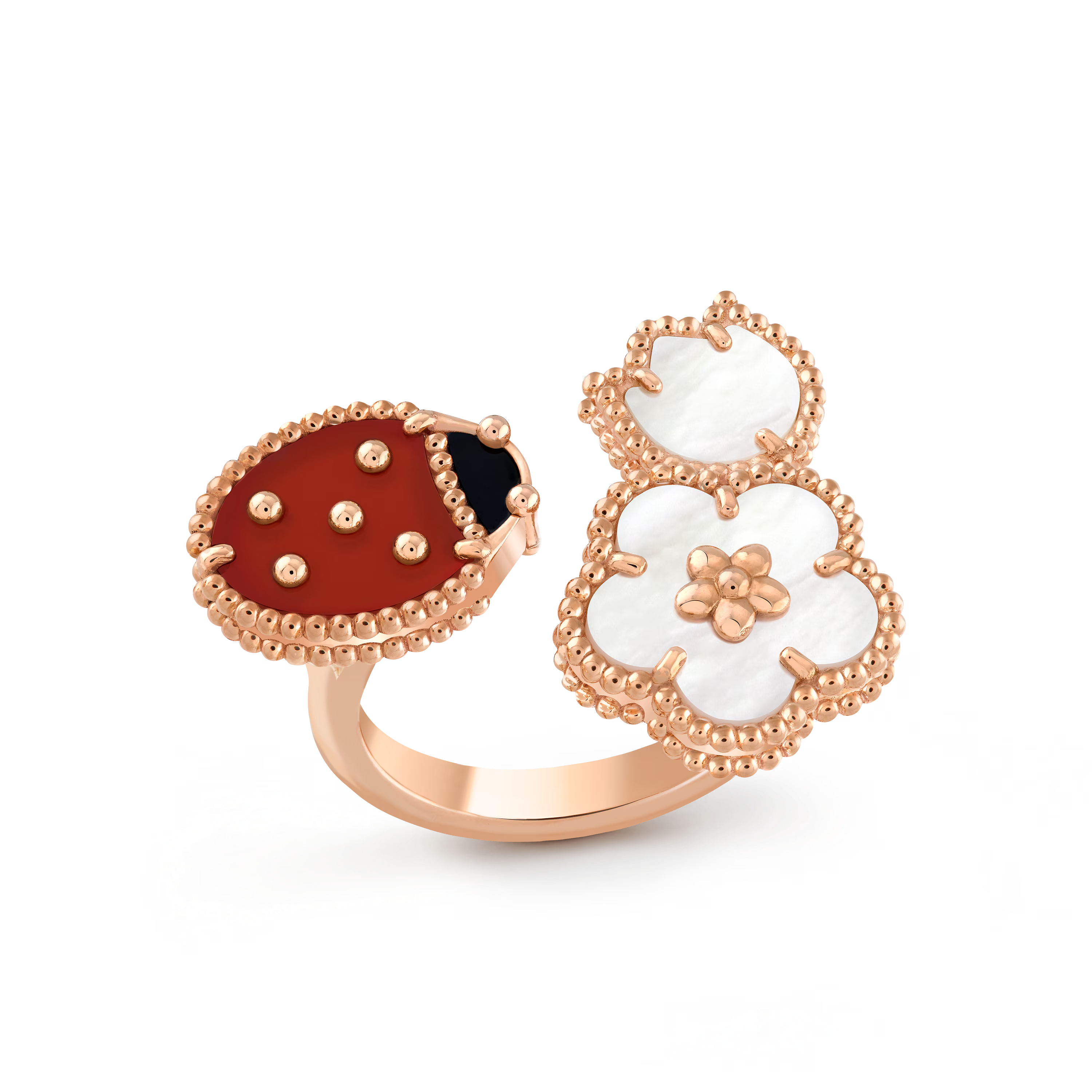Van Cleef & Arpels. Каблучка на два пальці Lucky Spring із рожевого золота з білим перламутром, серделіком та оніксом