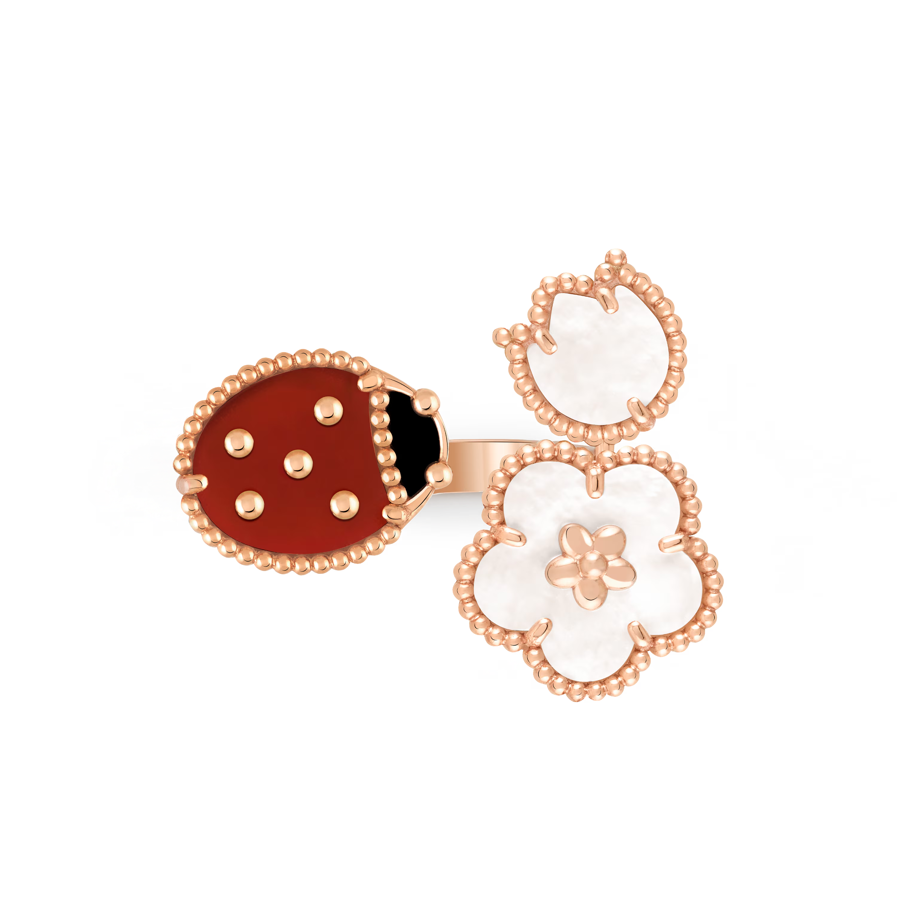 Van Cleef & Arpels. Каблучка на два пальці Lucky Spring із рожевого золота з білим перламутром, серделіком та оніксом