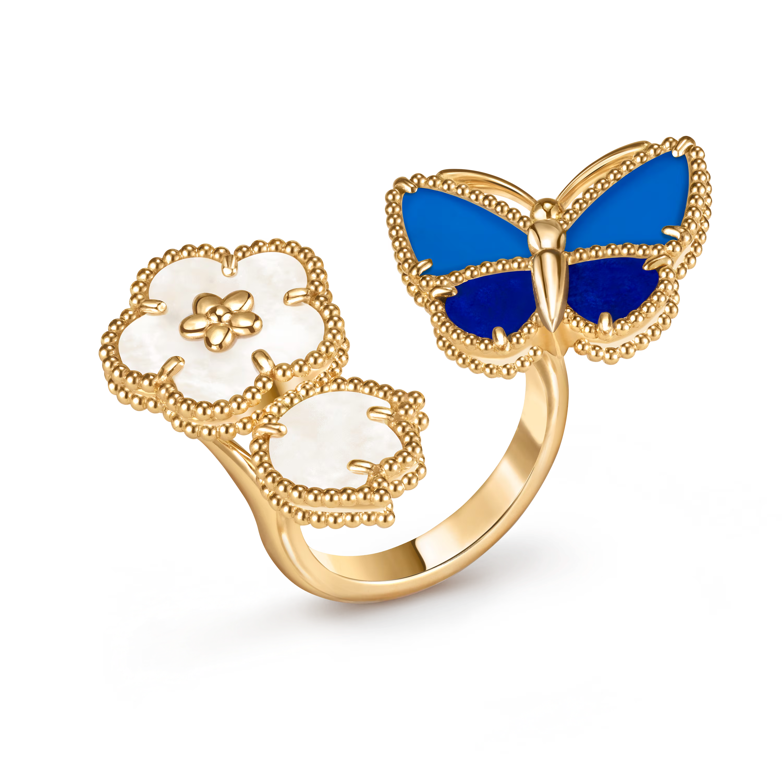 Van Cleef & Arpels. Каблучка на два пальці Lucky Spring Butterfly із жовтого золота з агатом та білим перламутром