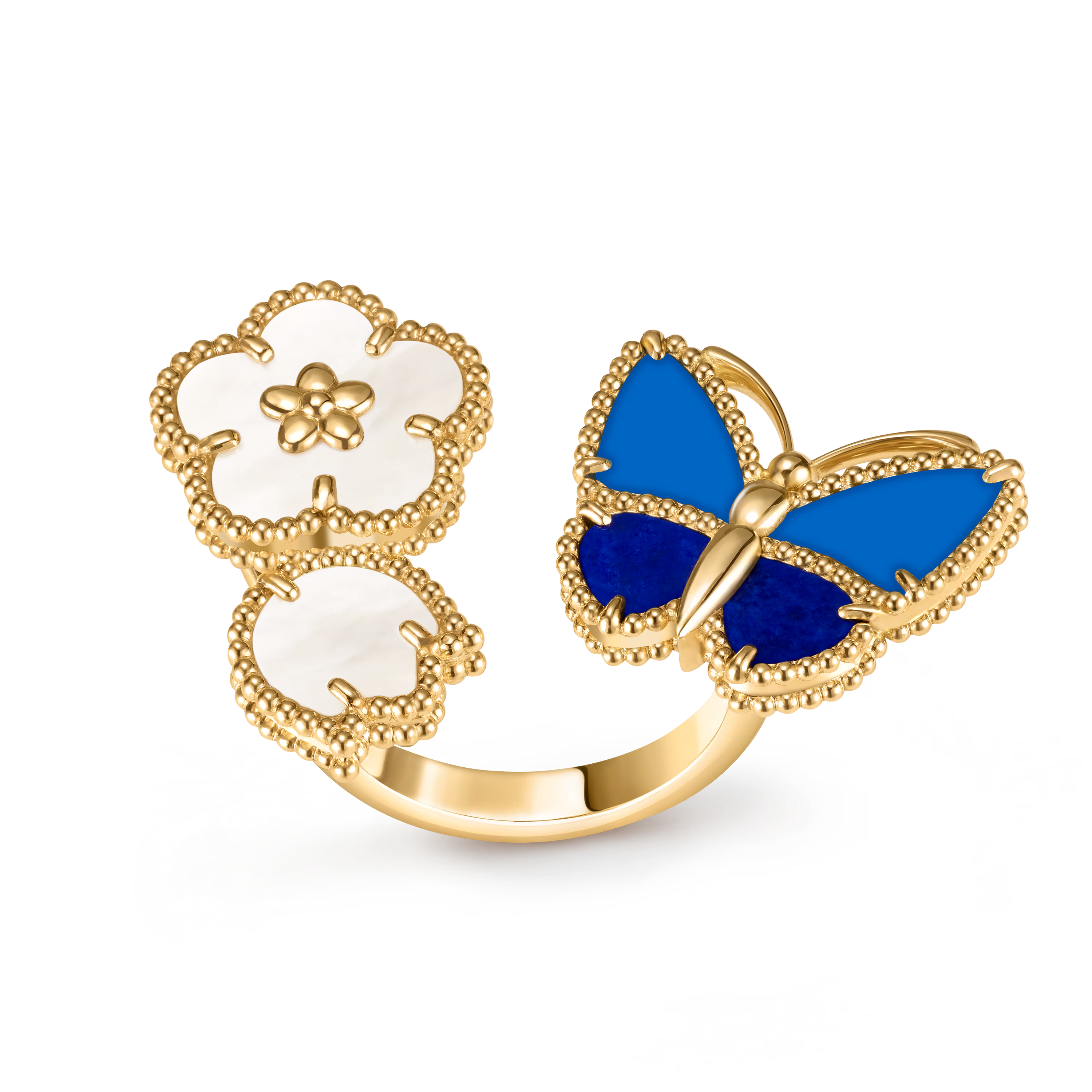 Van Cleef & Arpels. Каблучка на два пальці Lucky Spring Butterfly із жовтого золота з агатом та білим перламутром