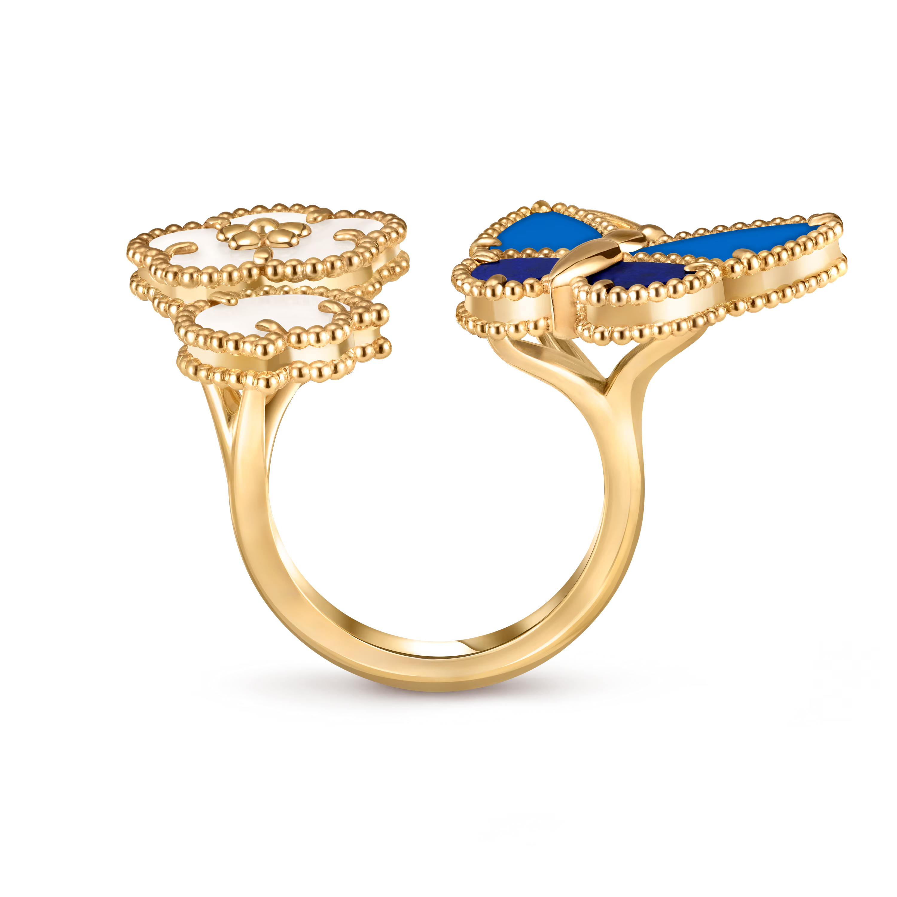 Van Cleef & Arpels. Каблучка на два пальці Lucky Spring Butterfly із жовтого золота з агатом та білим перламутром