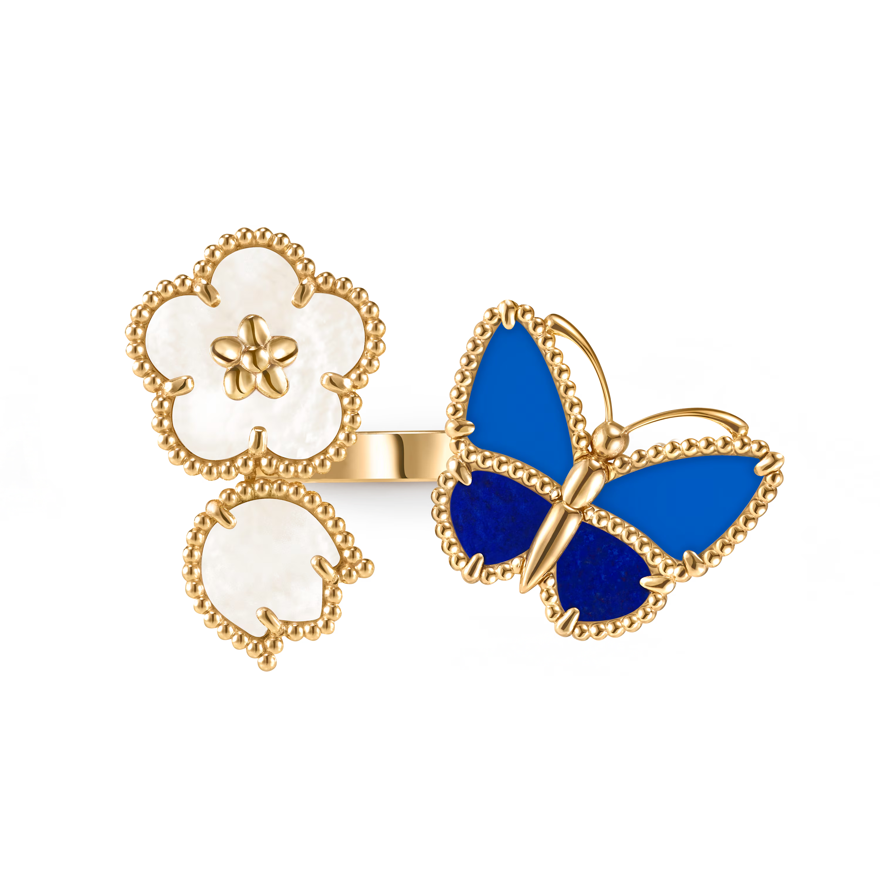 Van Cleef & Arpels. Каблучка на два пальці Lucky Spring Butterfly із жовтого золота з агатом та білим перламутром