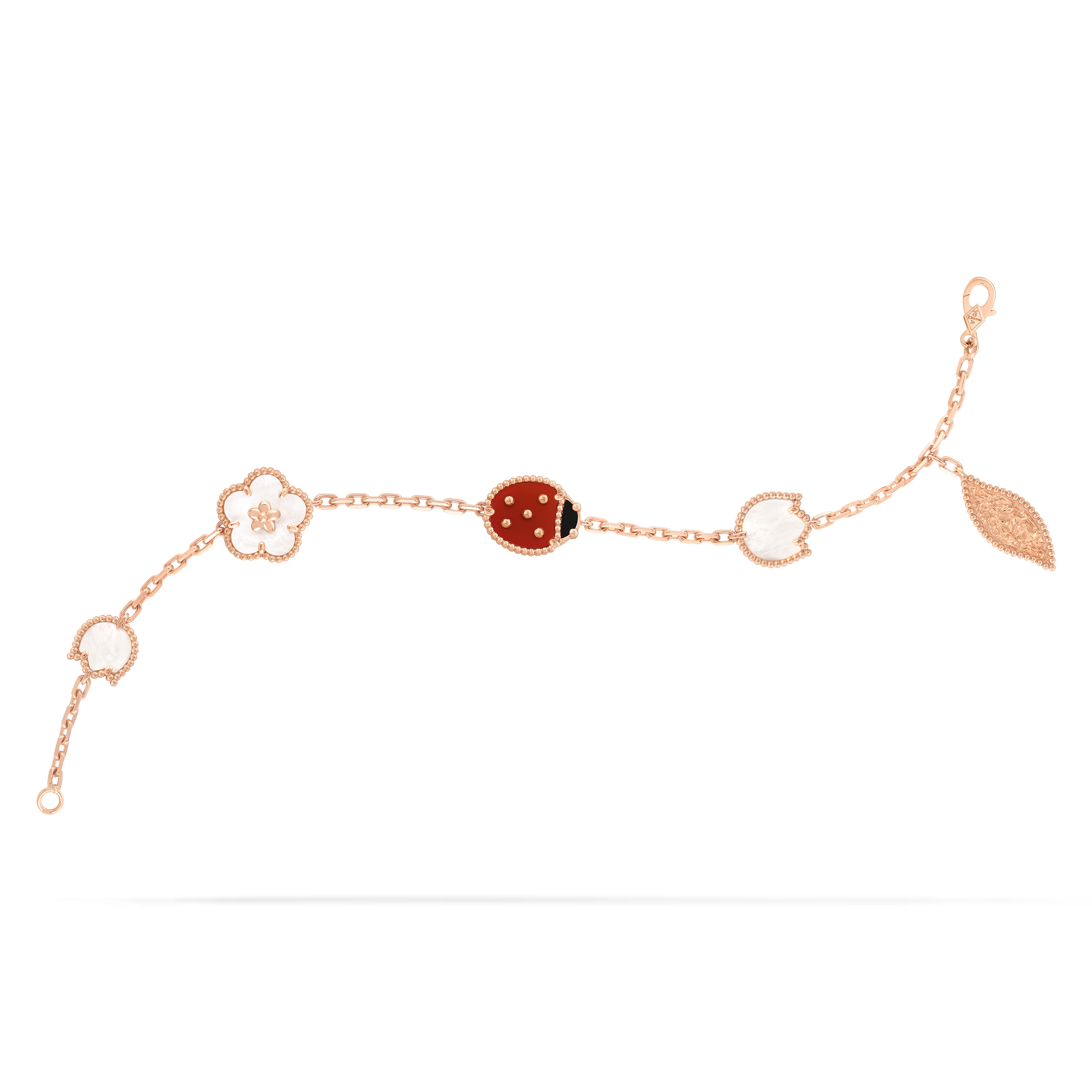 Van Cleef & Arpels. Браслет Lucky Spring із рожевого золота з білим перламутром, сердоліком та оніксом