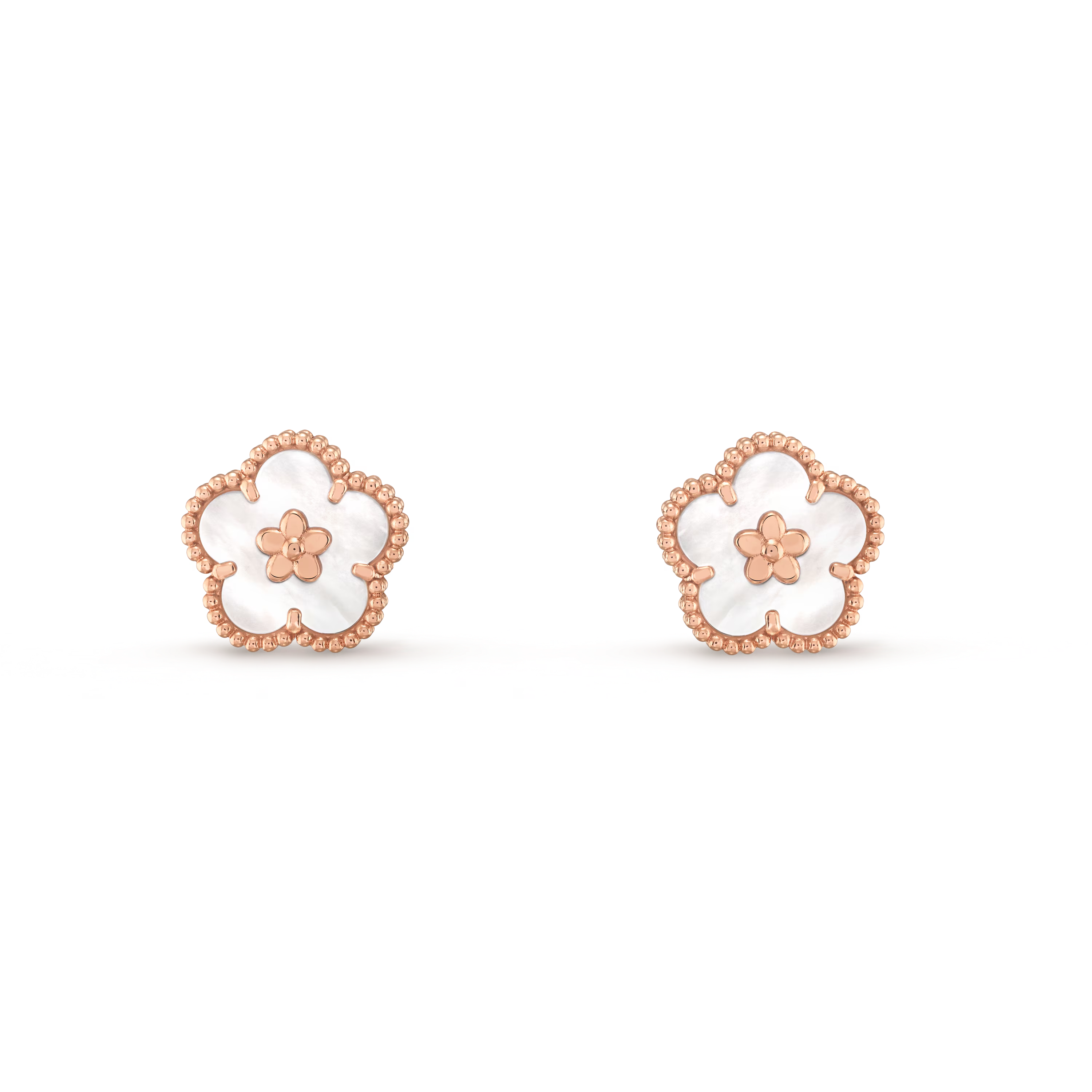 Van Cleef & Arpels. Сережки Lucky Spring, квітка сливи із рожевого золота з білим перламутром