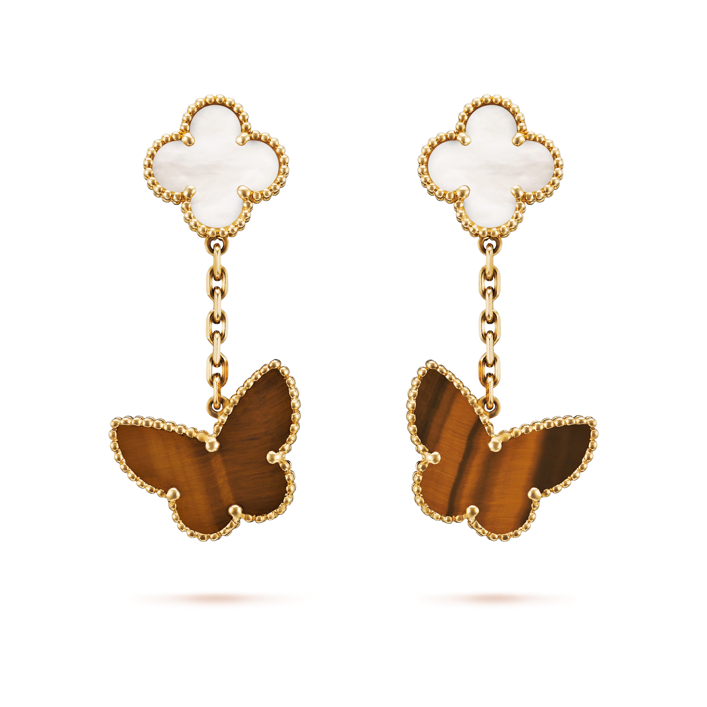 Van Cleef & Arpels. Сережки Lucky Alhambra із жовтого золота з білим перламутром та тигровим оком