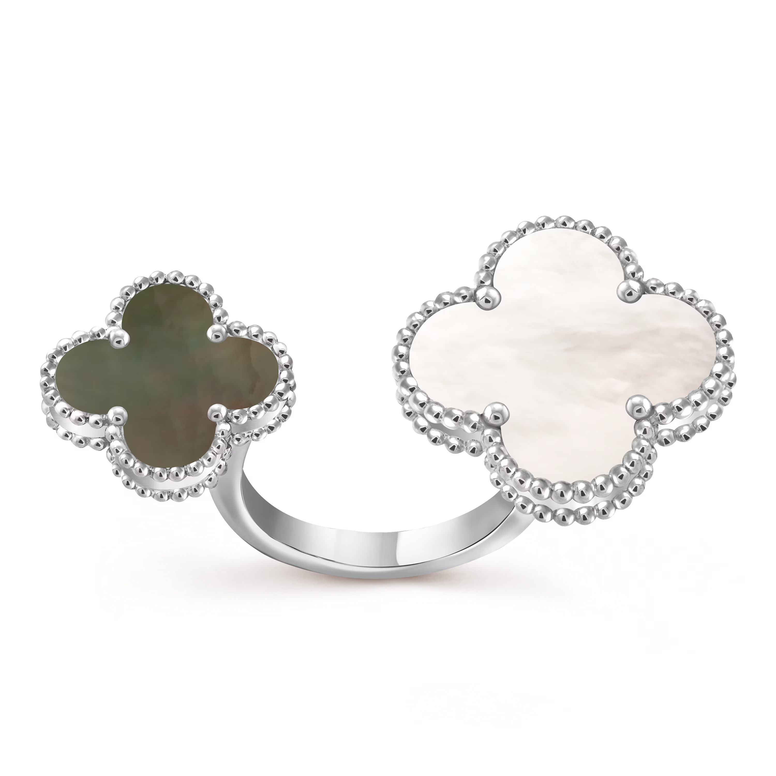 Van Cleef & Arpels. Каблучка на два пальця Magic Alhambra із білого золота з білим та сірим перламутром