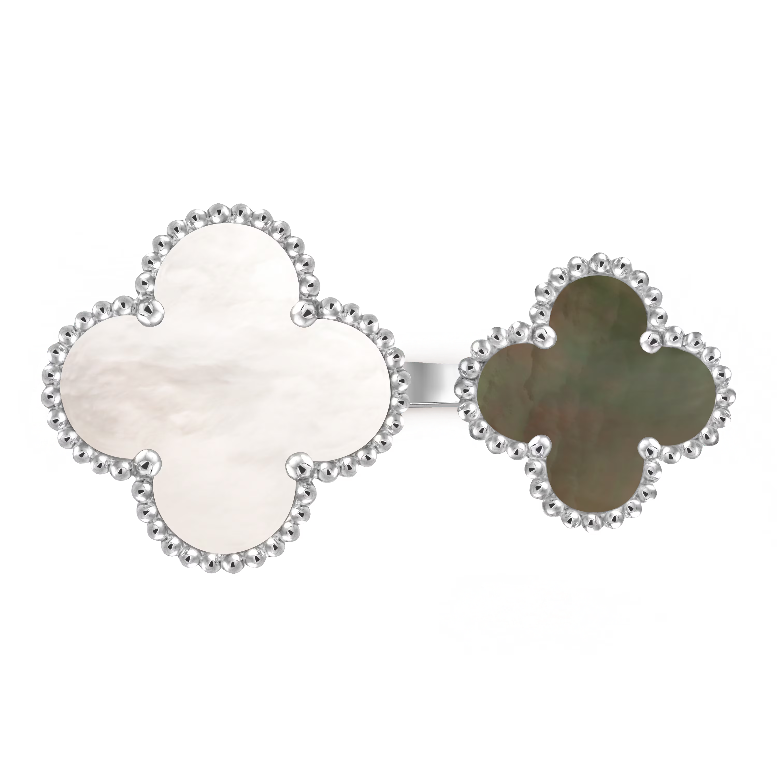 Van Cleef & Arpels. Каблучка на два пальця Magic Alhambra із білого золота з білим та сірим перламутром